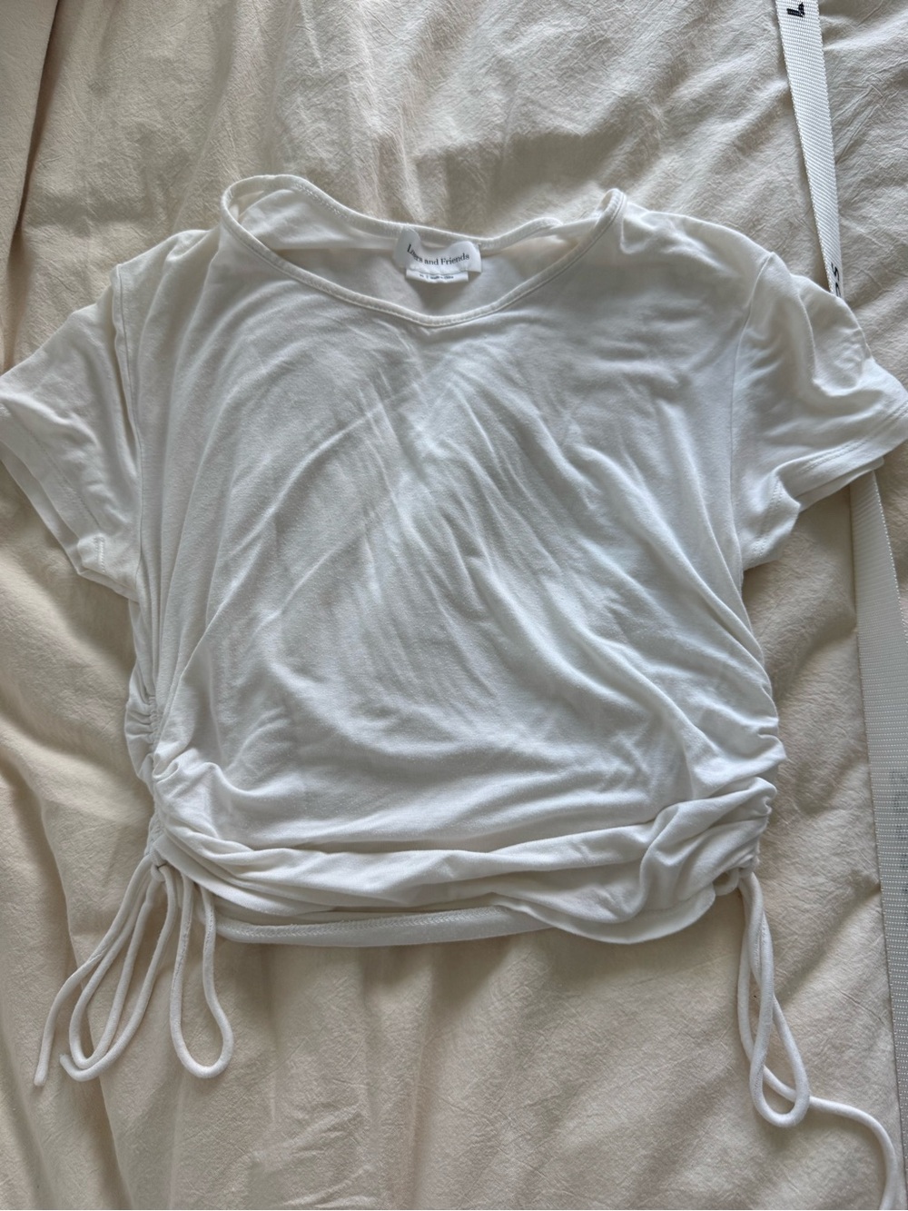 Lovers + Friends white Ruched Drawstring crop top